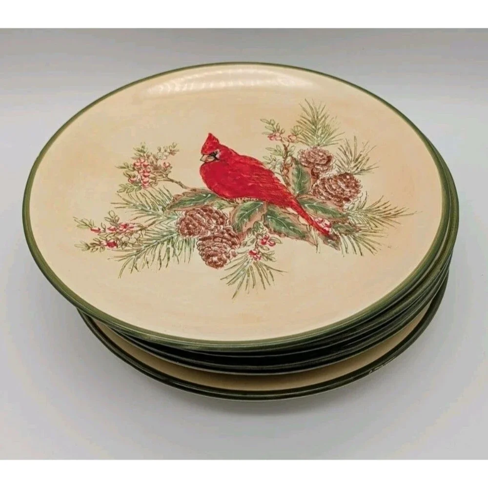5 Pacific Rim Cardinal Dinner Plates Pine Boughs Cones Holly Berries Winter